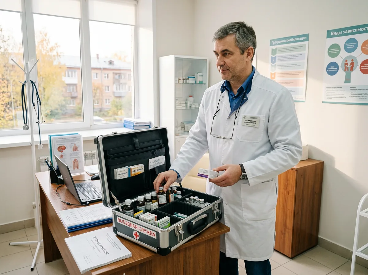 Врач-нарколог в белом халате с медицинским чемоданчиком готовится к выезду на дом, светлый медицинский кабинет, профессиональная обстановка, доверие и спокойствие