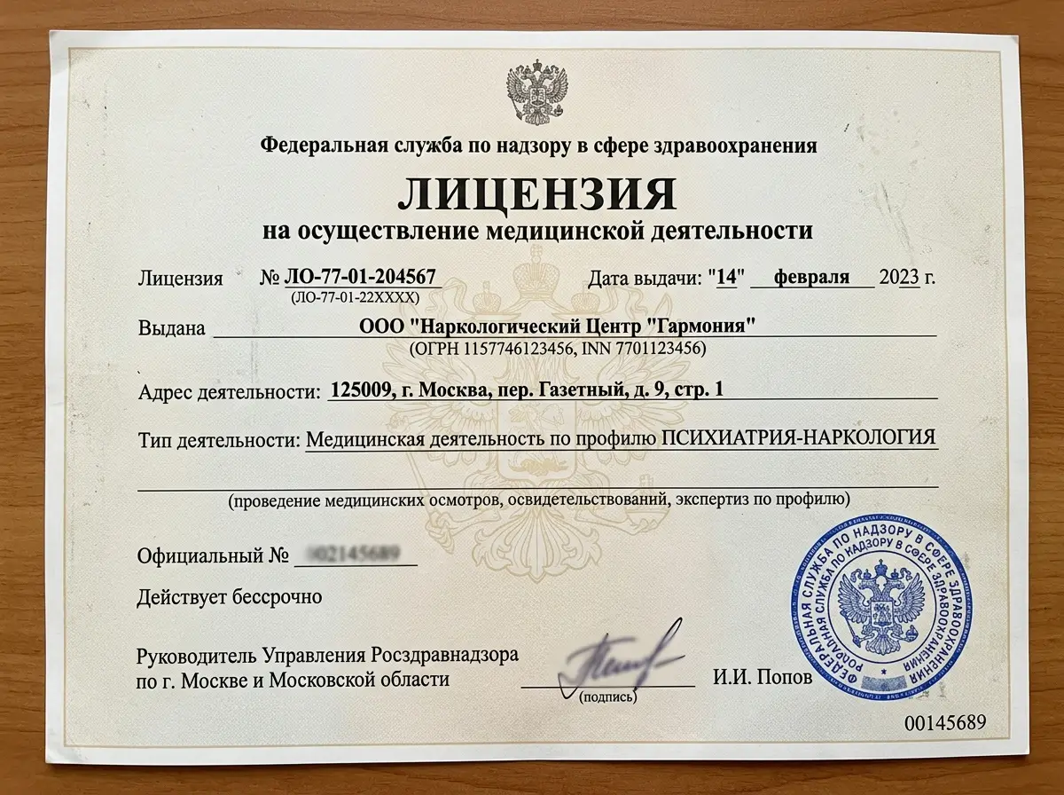 Скан лицензии Росздравнадзора на медицинскую деятельность по профилю психиатрия-наркология, официальный документ с гербовой печатью