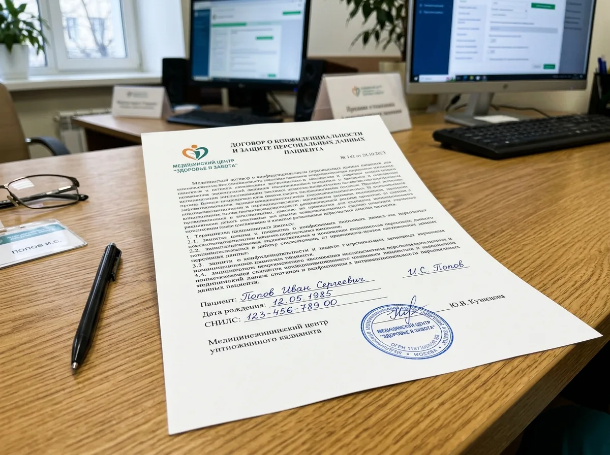 Медицинский договор о конфиденциальности персональных данных пациента, лист бумаги с печатью клиники на офисном столе